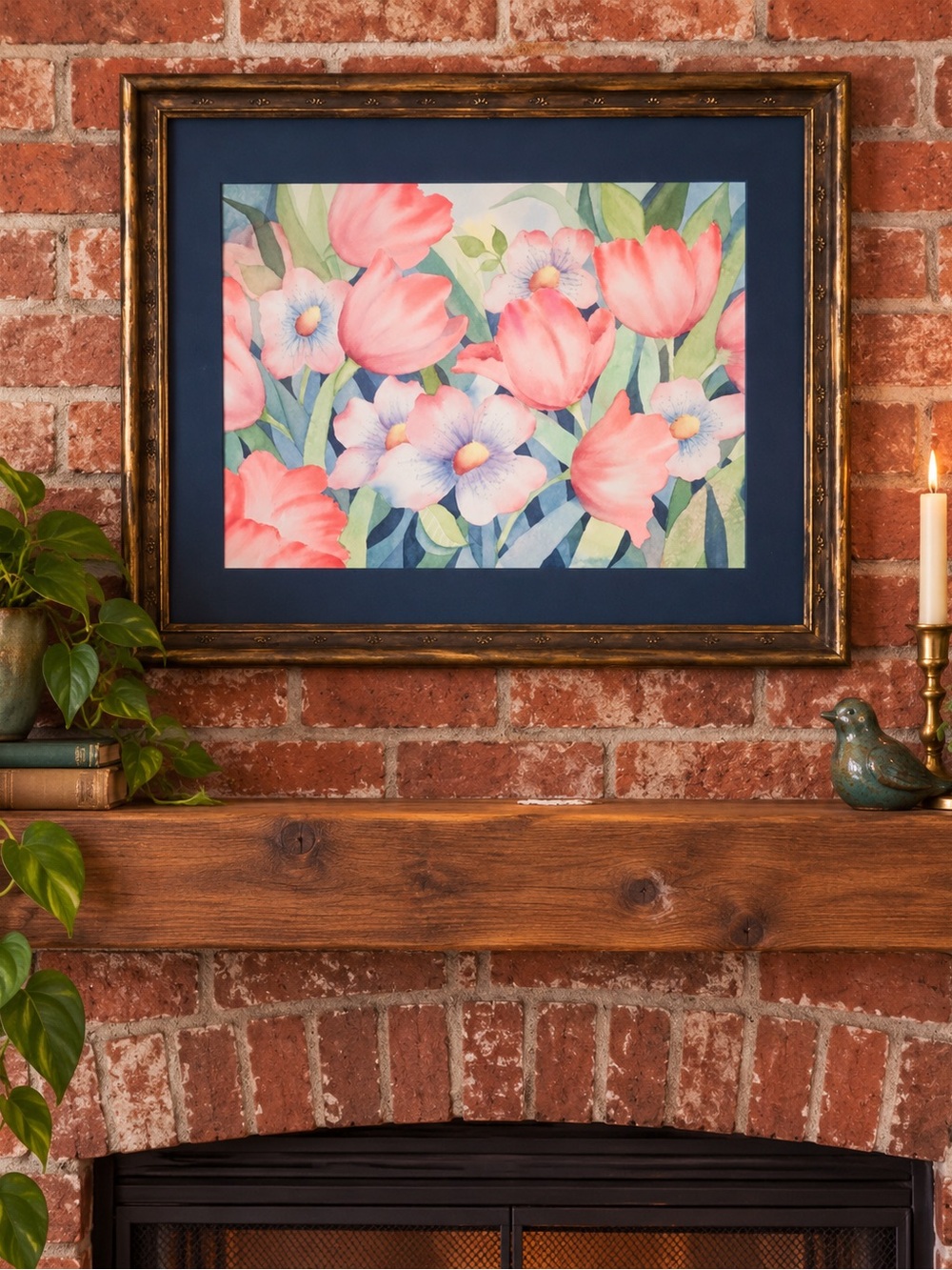 Original Pink and Purple Spring Floral Tulips and Pansies Framed Watercolor Art